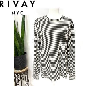RIVAY NY Medium Stripes Ling sleeve stripes top sweatshirt dark gray and white